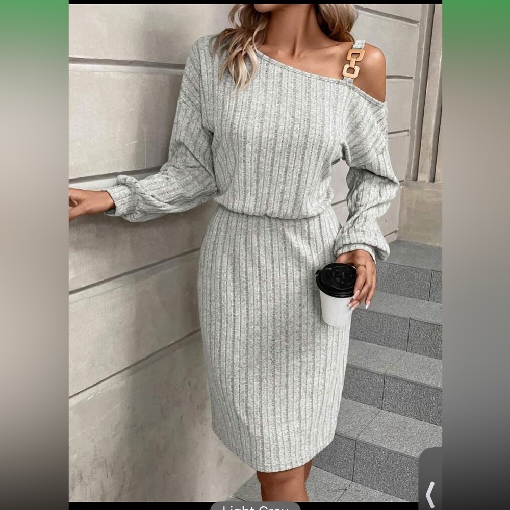 SHEIN LUNE Metallic Button Asymmetric Neckline Lantern Sleeve Ribbed Kni… - Picture 2 of 13